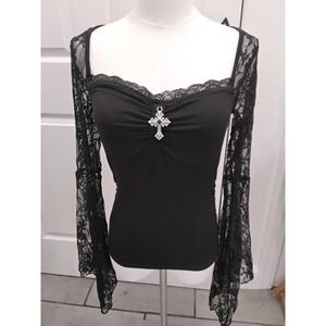 Romwe Black Gothic Lace Bell Sleeve Cross Pendant Top Sweetheart Neck Small